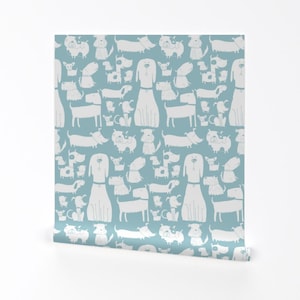 Dogs Wallpaper - Dogs By Laurawrightstudio - Blue White Dogs Animals Custom Printed Removable Self Adhesive Wallpaper Roll by Spoonflower