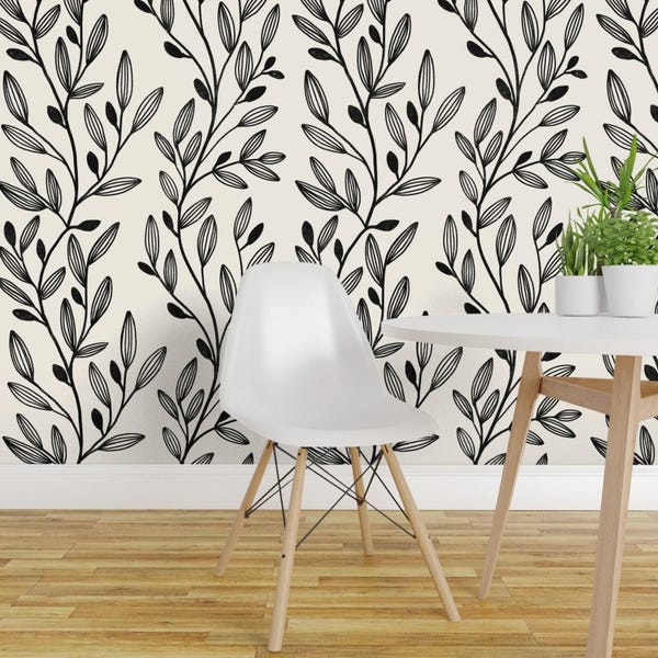 Papel pintado de hojas neutras - Black Vines de Gagicacontra - Rollo de papel pintado autoadhesivo removible con rayas verdes en negro y beige de Spoonflower