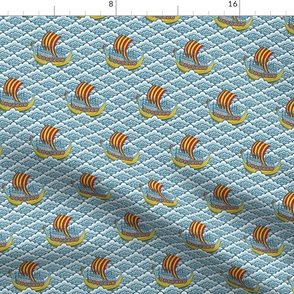 Sailing Fabric - Viking Ships By Gail Mcneillie - Sailing Viking Ships Ocean Waves Nautical Blue Cotton Fabric By The Yard With Spoonflower