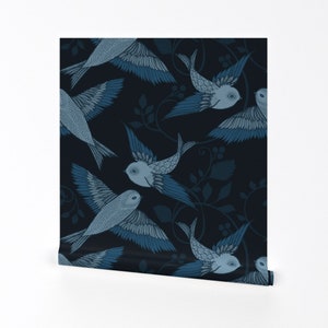 Birds Wallpaper - Blue Birds By Ceciliamok - Blue Birds Black Nursery Custom Printed Removable Self Adhesive Wallpaper Roll by Spoonflower