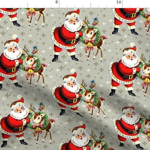 Santa Claus Fabric Reindeer Wreaths Bells Ribbons Snow Mistletoe Retro Kitsch By Raveneve Xmas Cotton Fabric By The Yard With Spoonflower image 1