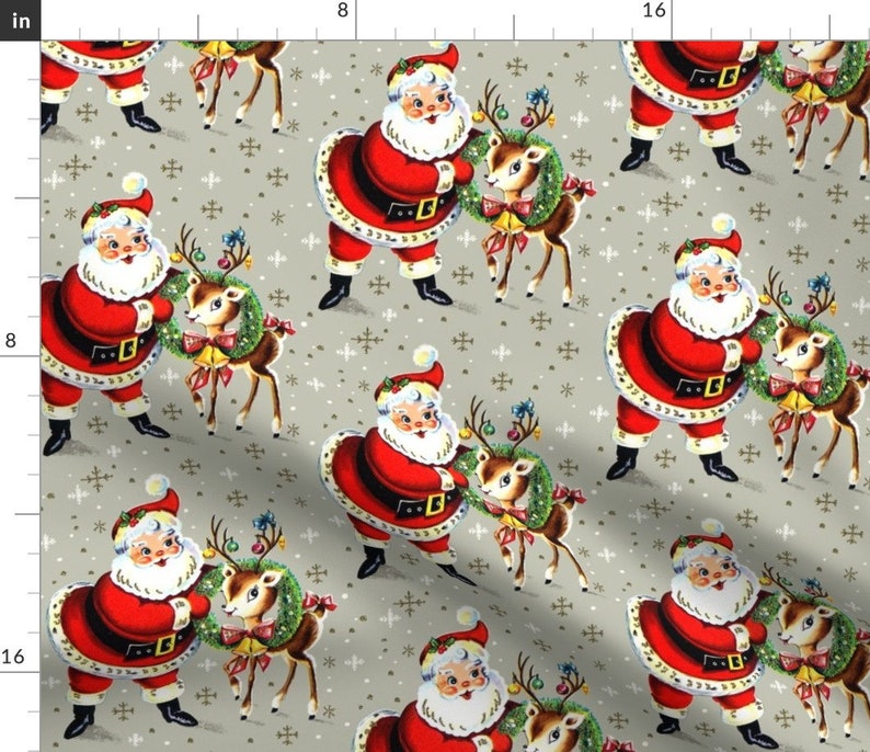 Santa Claus Fabric Reindeer Wreaths Bells Ribbons Snow Mistletoe Retro Kitsch By Raveneve Xmas Cotton Fabric By The Yard With Spoonflower image 1