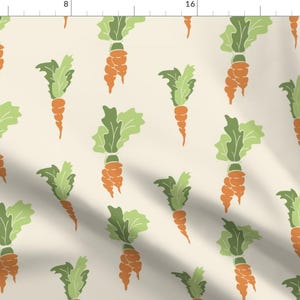 May include: A seamless pattern featuring a repeating design of orange carrots with green leafy tops on a cream background.