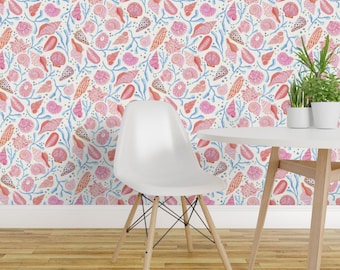 Coastal Shells Peel and Stick Wallpaper - Coral Pink Beach Summer Nautical Maritime - Removable Wall Decor Art - Pink Seashells by vivdesign
