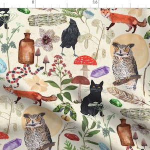 Witchy Fabric - Witchy by dasbrooklyn - Black Cat Owl Fox Snake Egg Mushroom Floral Botanical Gothic Tarot Fabric by the Yard by Spoonflower