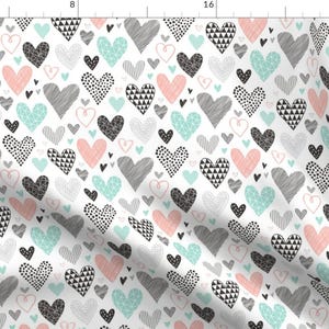 Heart Fabric - Hearts Geometrical Love Valentine Blackwhite Mint Peach By Caja Design - Hearts Cotton Fabric By The Yard With Spoonflower