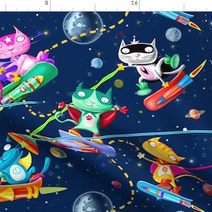 Space Animal Astro Kittens Fabric - Wonderful Cat Games By Chicca Besso - Animal Space Cat Cotton Fabric By The Yard With Spoonflower