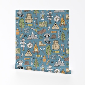 Camping Wallpaper - Camping Woodland Doodle By Caja Design - Blue Green Custom Printed Removable Self Adhesive Wallpaper Roll by Spoonflower