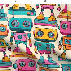 Peut inclure: Motif répété de robots colorés de style dessin animé dans diverses poses. Les robots ont des têtes et des corps carrés ou rectangulaires, avec de grands yeux ronds et des antennes. La palette de couleurs comprend le rose, le jaune, l'orange, le sarcelle et le bleu.