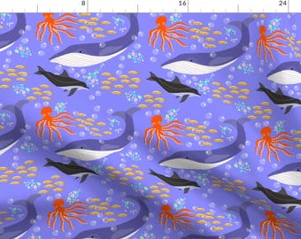 Nautical Whale Fabric - Marine Life By Emilyrosethomson - Nautical Ocean Sea Creature Octopus Cotton Fabric By The Yard With Spoonflower