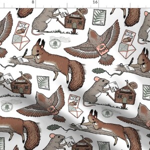 Woodland Fabric - Woodland Post By Simut - Brown White Squirrel Bird Letters Post Office Envelope Cotton Fabric By The Yard With Spoonflower