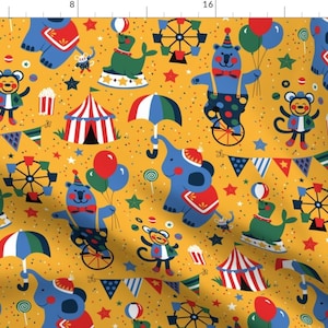 Circus Animals Blue Yellow Fabric - Sunny Day At The Circus By Lisa Kubenez - Circus Animals Cotton Fabric By The Yard With Spoonflower