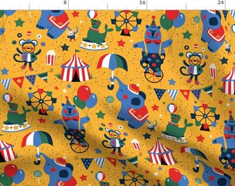Circus Animals Blue Yellow Fabric - Sunny Day At The Circus By Lisa Kubenez - Circus Animals Cotton Fabric By The Yard With Spoonflower