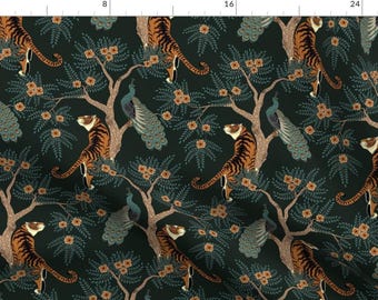 Chinoiserie Tigers Fabric - Tiger And Peacock by sveta_aho - Bird Asian Flowers Floral Chinese Tree Exotic Fabric by the Yard by Spoonflower