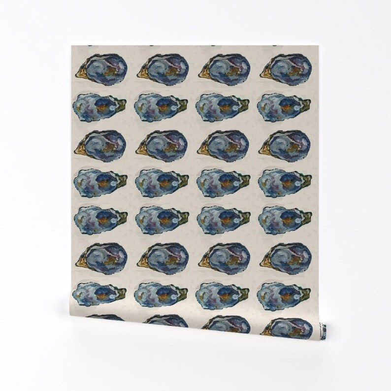 Coastal Wallpaper- Oysters In A Row - 6.35 Inches By Cityette - Beige Blue New England Removable Self Adhesive Wallpaper Roll by Spoonflower image 2