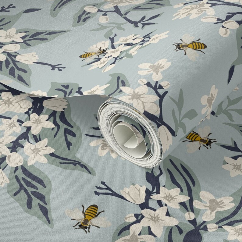 Honey Bees Wallpaper Flowers & Bees by Fernlesliestudio - Etsy