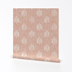 Boho Floral Wallpaper - Block Print Fern On Dusty Pink By Littlearrowdecor - Pastel Removable Self Adhesive Wallpaper Roll by Spoonflower