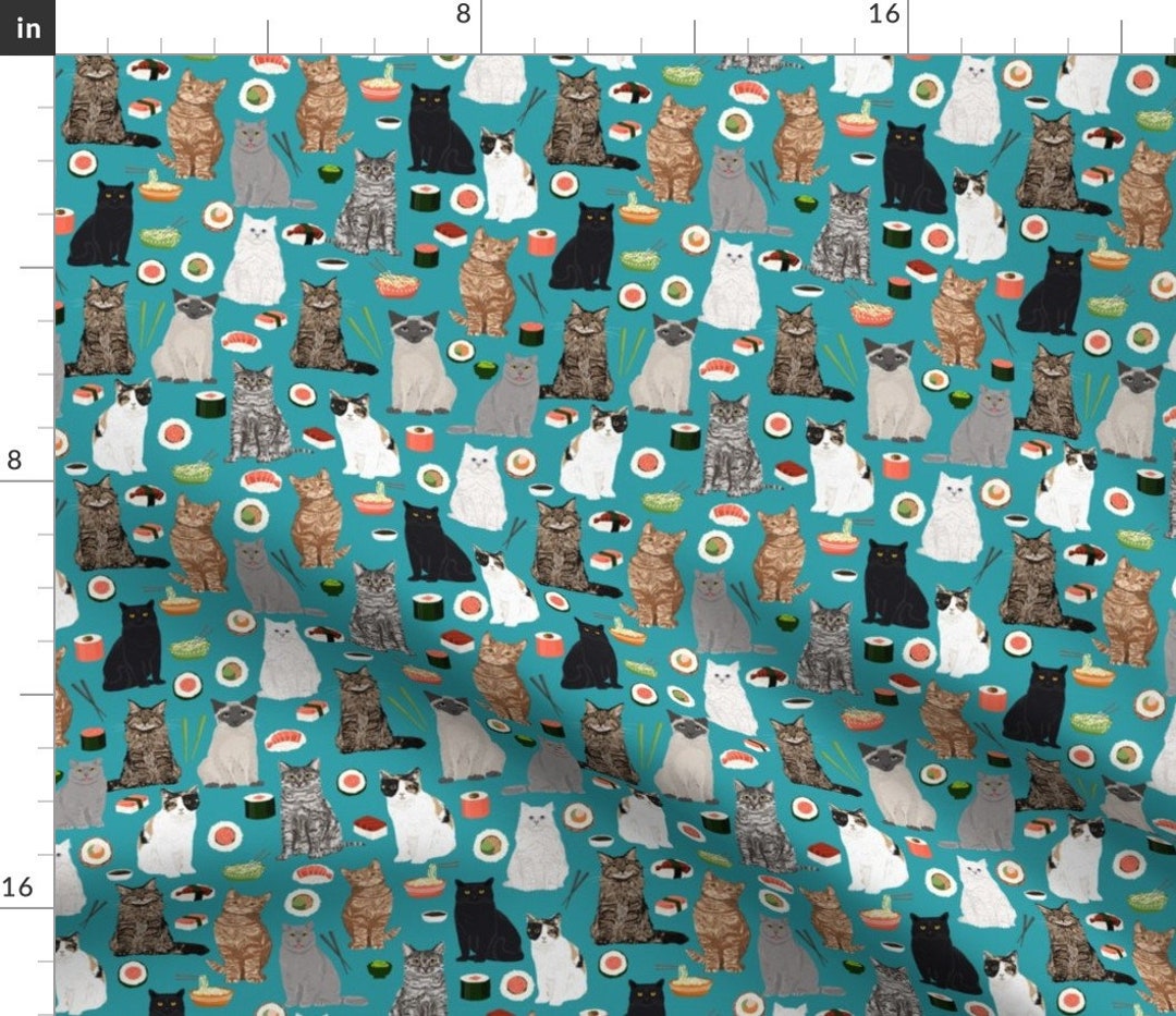 Cat & Sushi Fabric Cat Sushi Teal Fabric Cute Kawaii Fabrics Etsy