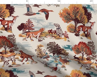 Cabincore Fabric - Hunting Dogs Toile by studio_birchwood - Classic Autumn Wildlife Sporting Dogs Lodge Fabric by the Yard by Spoonflower