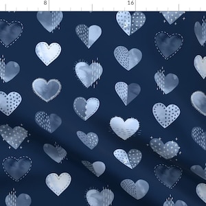 Navy Hearts Valentine&#39;s Day Fabric - My Boro Heart By Marketa Stengl - Boro Blue Watercolor Cotton Fabric By The Yard With Spoonflower