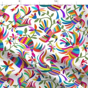 May include: A colourful fabric design with birds, flowers, and leaves on a white backdrop. The birds have rainbow-striped feathers, and the flowers are in pink, blue, and yellow. Ideal for craft projects, the design has a lively, cheerful feel.