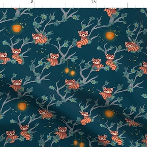 Red Panda Fabric - Red Pandas At Night By Jennifer Todd - Red Panda Asian Animal Navy Orange Cute Cotton Fabric By The Yard With Spoonflower