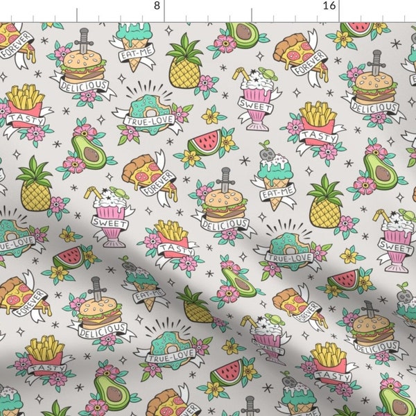 Food Fabric - Food Tattoos On Light Grey By Caja Design - American Style Tattoos Junk Food Fruit Cotton Fabric By The Yard With Spoonflower