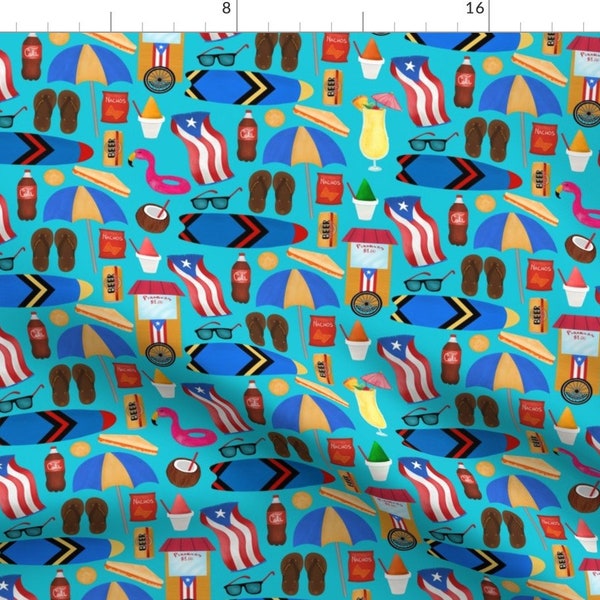 Puerto Rico Blue Beaches Fabric - Vamos Pa La Playa By Leicorredor - Puerto Rico Surfboards Cotton Fabric By The Yard With Spoonflower