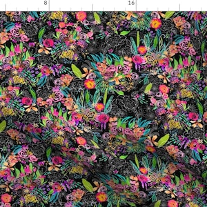 Neon Flowers Fabric - Midnight Neon Garden By Theartwerks - Colorful Flowers Cotton Fabric By The Yard With Spoonflower
