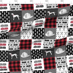 May include: A red and black plaid fabric with a patchwork design featuring various firefighter-themed images, including fire trucks, fire hydrants, axes, and dalmatian dogs.