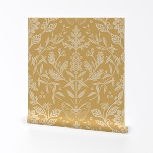 Honey Gold Damask Removable Peel and Stick Wallpaper - Botanical Butterflies  - Wall Art Wall Decor - Ochre Damask by oliviamunroe