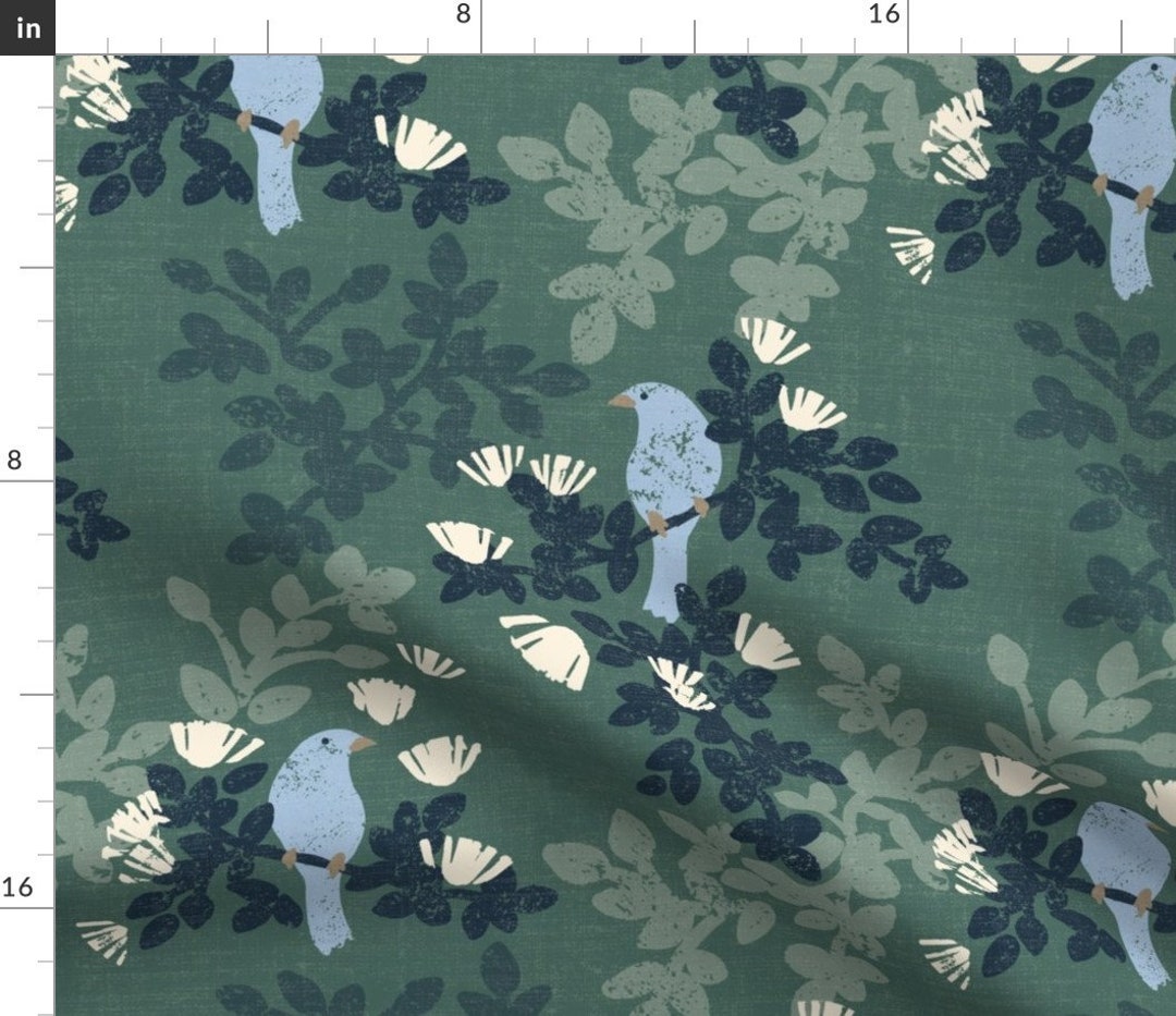 Blue Bird Fabric Calm Blue Birds on Green by Nancy Bradham Blue Bird