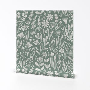 Sage Green Removable Peel and Stick Wallpaper - Flowers Floral Whimsical Monotone - Wall Art Wall Decor - Wildflowers by writtenbykristen