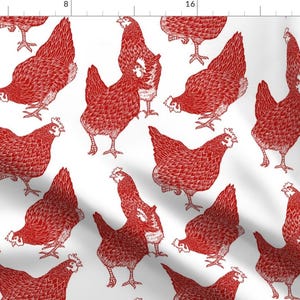 Red Hens Fabric - Red Hens By Threebearsprints - Red Hens Farm Animal White Kitchen Decor Nursery Cotton Fabric By The Yard With Spoonflower
