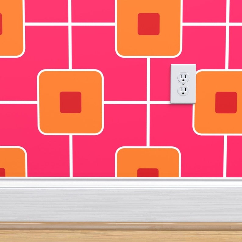 Midcentury Modern Wallpaper Mid Century Pink Orange Red by Etsy