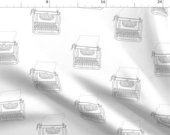 May include: A seamless pattern featuring a black and white outline of a vintage typewriter. The typewriter is repeated throughout the pattern on a white background.