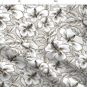 May include: A seamless pattern featuring white hibiscus flowers with black outlines on a beige background. The flowers are arranged in a repeating pattern, creating a tropical and floral design.