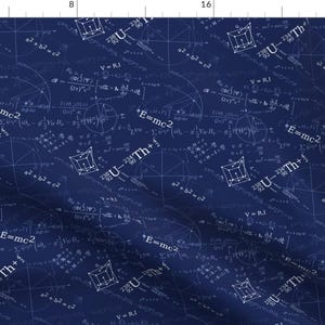 May include: A navy blue background with white mathematical equations and formulas. The equations include the Pythagorean theorem, the formula for the area of a circle, and the famous equation E=mc2.