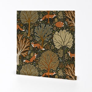 Woodland Wallpaper - Fox Forest by serena_archetti - Nature Forest Fox Green Orange Brown Removable Peel and Stick Wallpaper by Spoonflower