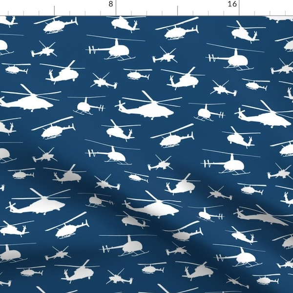 Helicopters On Blue Fabric - Helicopter Silhouettes // Small By Thinlinetextiles - Helicopter Fly Cotton Fabric By The Yard With Spoonflower