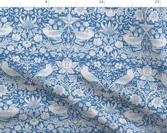 William Morris Apparel Fabric - Strawberry Thief Blue by peacoquettedesigns - Blue White Victorian England Clothing Fabric by Spoonflower