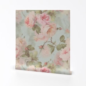 Watercolor Removable Peel and Stick Wallpaper - Roses Botanical Cabbage Rose Vintage - Wall Art Wall Decor - Vintage Rose by maria_marinova