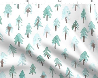 May include: A seamless pattern featuring a repeating design of watercolour painted trees in shades of green and brown on a white background.