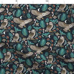 Woodland Forest Fabric - Owl Mushrooms & Moths by tamara_lance - Owls Dark Blue Green Brown Wildlife Fern  Fabric by the Yard by Spoonflower