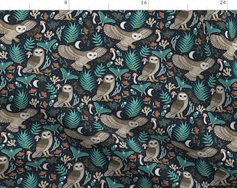 Woodland Forest Fabric - Owl Mushrooms & Moths by musingtree - Owls Dark Blue Green Brown Wildlife Fern  Fabric by the Yard by Spoonflower