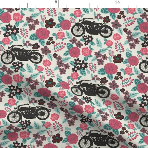 Motorcycle Floral Fabric - Vintage Motorcycle Ming Green Cranberry Floral // Large By Thinlinetextiles - Motorcycle Fabric With Spoonflower