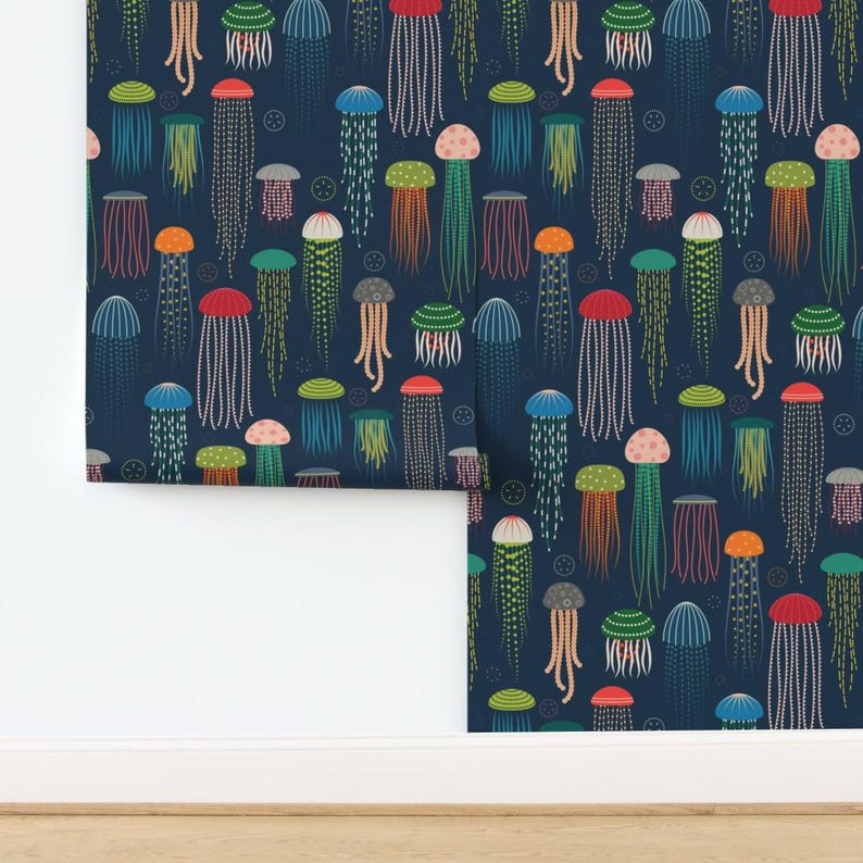 Jellyfish Peel and Stick Wallpaper - Nautical Underwater Sea Life Ocean Animals - Removable Wall Decor Art - Just Jellies by katerhees image 4