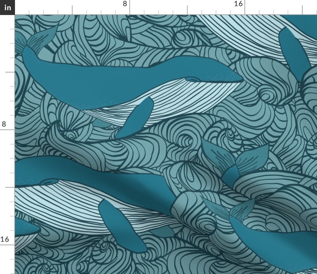 Big Blue Whales Fabric Blue Whales Waves by Designs by Miss Etsy