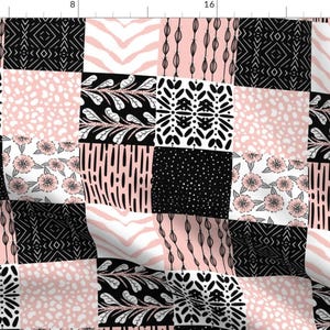 May include: A black and pink patchwork fabric with various geometric and floral patterns. The fabric features a repeating pattern of squares with different designs, including zigzags, dots, and leaves.