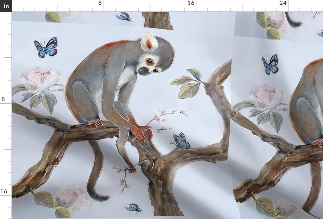 Monkey Jungle Blue Brown Fabric - Monkey and Cherry Branch by ...